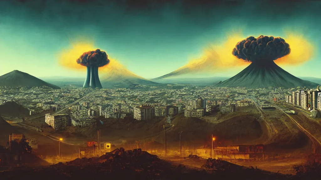 Image similar to Nuclear Fallout towering over the town of Quito by Simon Stålenhag and J.M.W. Turner, oil on canvas; Art Direction by Adam Adamowicz; 4K, 8K epic drone shots; Ultra-Realistic Depth Shading