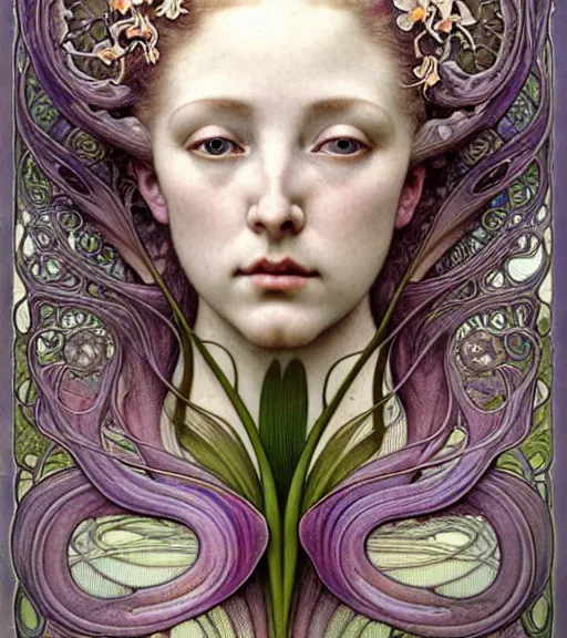 Image similar to beautiful orchid fairy detailed realistic porcelain face portrait by jean delville, alphonse mucha, iris van herpen and marco mazzoni, art forms of nature by ernst haeckel, art nouveau, symbolist, visionary, gothic, neo - gothic, pre - raphaelite, fractal lace, intricate alien botanical biodiversity, surreality, hyperdetailed ultrasharp octane render