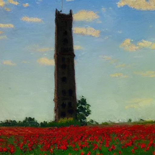 Prompt: An impressionist painting of a tall, dark, stone tower standing in the middle of a field filled with red roses