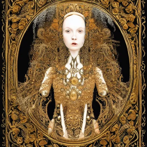 Prompt: a beautiful girl made of ivory and gold, highly intricate, digital art, very detailed, in the style of a weird and dark art noveau flemish painting, foggy