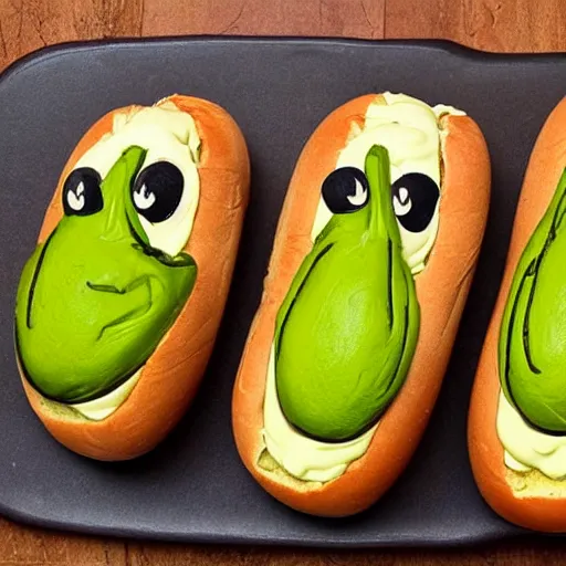 Prompt: pepe the frog in a hot dog bun covered in mustard x 4