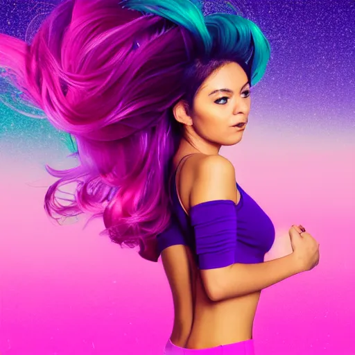 Image similar to a award winning half body portrait of a beautiful woman in a croptop with a ombre purple pink teal hairstyle with head in motion and hair flying, outrun, vaporware, vivid colors, highly detailed, fine detail, intricate