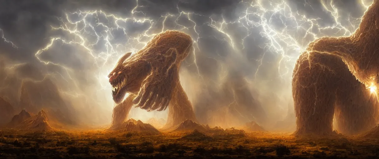 Image similar to A terrifying giant monster made of honey, beautiful atmosphere, god rays, masterpiece digital painting by Alex Grey, Greg Rutkowski, 4k wallpaper