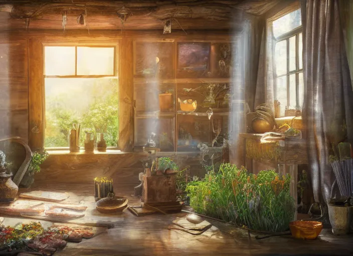 Prompt: rustic oil painting, interior view of a cluttered herbalist cottage, waxy candles, wood furnishings, herbs hanging, light bloom, dust, ambient occlusion, rays of light coming through windows, oil painting