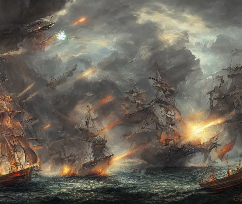 Prompt: naval epic battle, fantasy concept art, colorful digital painting, highly detailed