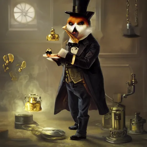Prompt: oil painting of grumpy rich steampunk penguin, wearing top hat, holding gold watch, steampunk factory background, hamster running in the background, sharp focus, fantasy style, octane render, volumetric lighting, 8k high definition, by greg rutkowski, highly detailed, trending on art Station, magic the gathering artwork, centered