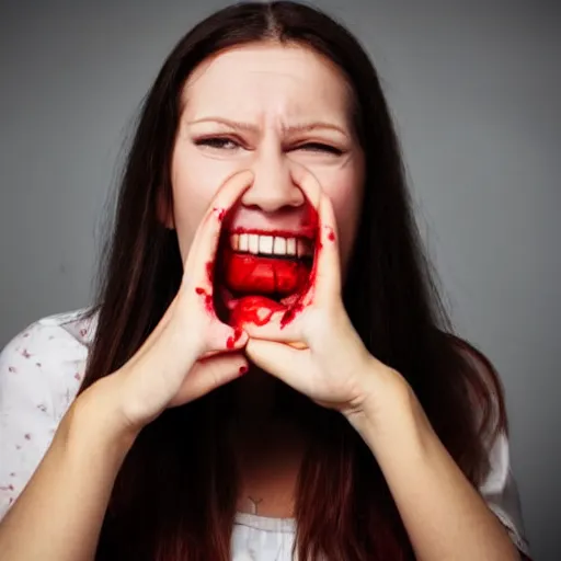 Prompt: photo of an uncomfortable looking woman eating her own bloody hand