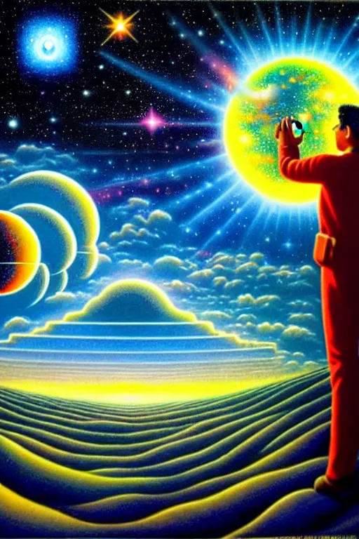 Prompt: a beautiful photorealistic render of a man gazing into galaxies and shooting stars, clouds, futuristic structures, artificial intelligence seeding humanity, miraculous, spiritual science, divinity, utopian, heaven on earth by lisa frank, david a. hardy, wpa, public works mural, socialist