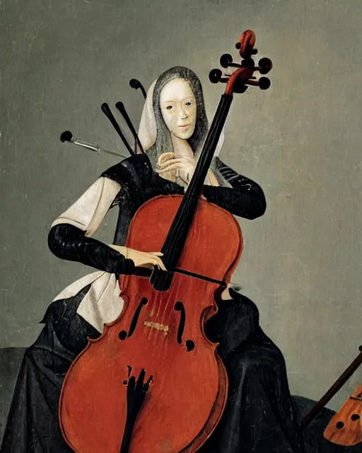 Image similar to a female cellist inspired by Hieronymous Bosch