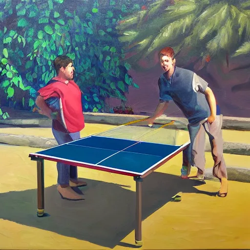 Prompt: Două pisici jucând ping-pong pe fundal portocaliu, oil painting