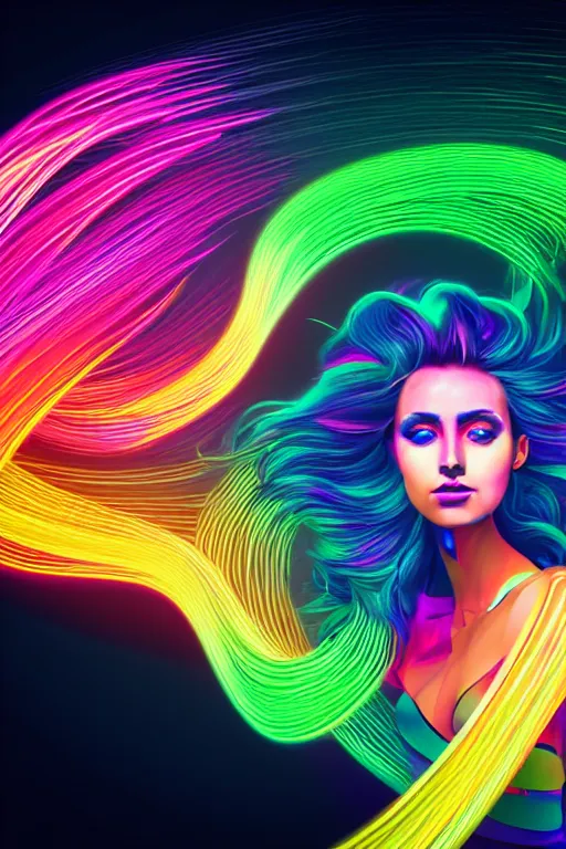 Image similar to a award winning half body portrait of a beautiful woman with stunning eyes in a croptop and cargo pants with rainbow colored ombre hairstyle head in motion and hair flying by thomas danthony, outlined by whirling illuminated neon lines, outrun, vaporware, shaded flat illustration, digital art, trending on artstation, highly detailed, fine detail, intricate