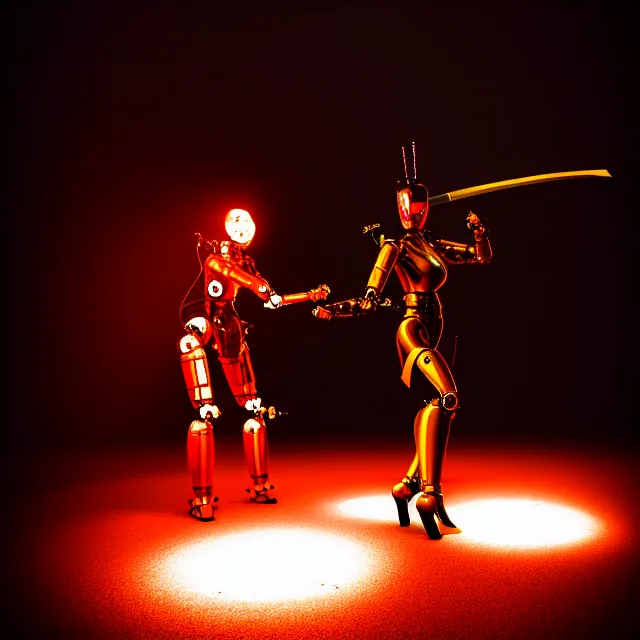 Image similar to robot woman fire dance holding katana, detailed pose energy, shibuya prefecture, cinematic lighting, fog mist smoke, photorealistic, night photography by tomino - sama