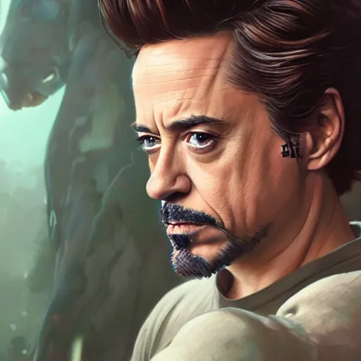 Image similar to robert downey jr, highly detailed vfx portrait, unreal engine, greg rutkowski, loish, rhads, caspar david friedrich, makoto shinkai and lois van baarle, ilya kuvshinov, rossdraws, elegent, tom bagshaw, alphonse mucha, global illumination, detailed and intricate environment.