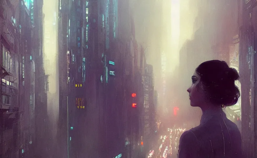 Prompt: 2 0 1 8 blade runner movie still girl look at the cityscape from roof perfect prtrait of young madison beer face fine realistic face pretty face neon puffy jacket blue futuristic sci - fi elegant by denis villeneuve tom anders zorn hans dragan bibin thoma greg rutkowski ismail inceoglu illustrated sand storm alphonse mucha