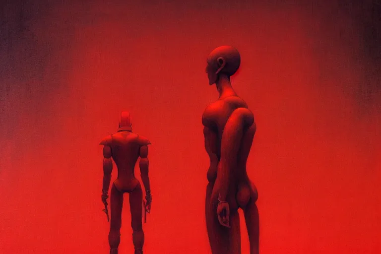 Image similar to only with red, a red samurai humanoid, tokio futuristic in background, yokai, in the style of beksinski, parts by edward hopper, parts by rodcenko, parts by yue minjun, intricate and epic composition, red by caravaggio, insanely quality, highly detailed, masterpiece, red light, artstation, 4 k