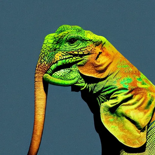 Image similar to profile of an elephant!!! iguana!! hybrid, bold natural colors, masterpiece, trending on artstation, photograph