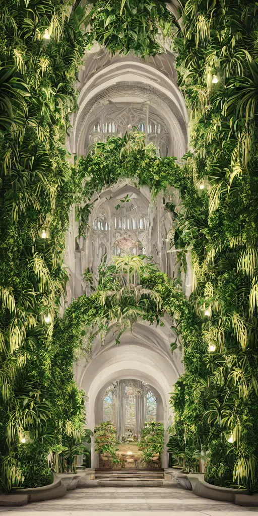 Prompt: grand cathedral interior with koi pond in the middle surrounded by palm trees, ivy, flowers, tropical plants, roses, and with archways, rendered in octane render with photorealistic lighting, cinematic, horizontal symmetry