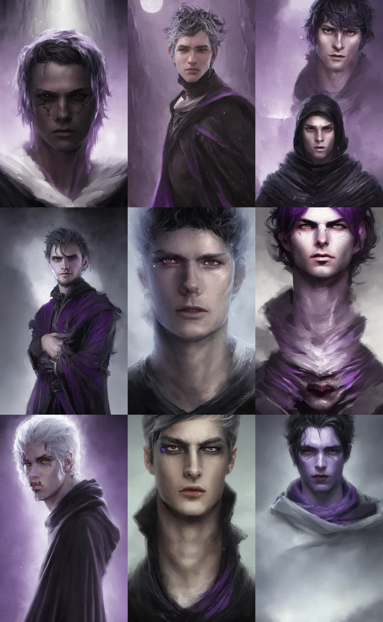 Prompt: portrait of a young man with purple eyes, dressed in a black cloak, silver hair with black streaks, purple coloured eyes, detailed face, fantasy, highly detailed, cinematic lighting, digital art painting by greg rutkowski