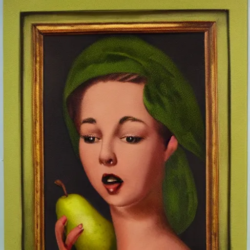 Prompt: realistic vintage painting of a woman with a detailed face running away from a giant pear in a sanatorium