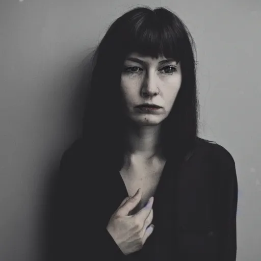 Prompt: Photo portrait of a woman wearing black and sad clothes
