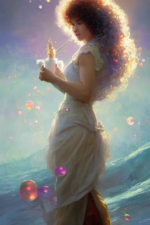 Image similar to bob ross, dreamy and ethereal,, fantasy, intricate, elegant, rainbow bubbles, highly detailed, digital painting, artstation, concept art, smooth, sharp focus, illustration, art by artgerm and greg rutkowski and alphonse mucha