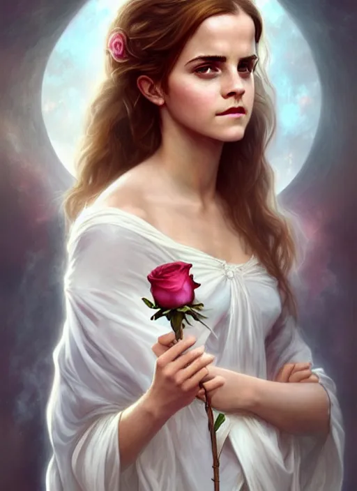 Image similar to emma watson as magic healer, long hair, white and rose cloth, shiny background, intricate, elegant, highly detailed, digital painting, artstation, concept art, smooth, sharp focus, illustration, artgerm, bouguereau