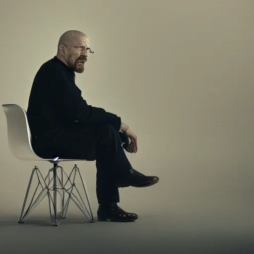 Prompt: walter white from back sitting on chair standing photo by annie leibovitz 8 0 mm lens bokeh