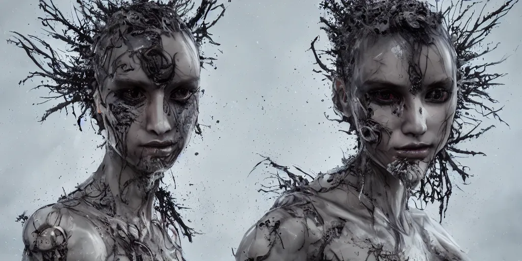 Prompt: hyperrealistic splatterpunk photography of a highly detailed and symmetrical gorgeous cyborg nymph awash in a sea of black soot in the style of beth cavener, jin kagetsu, james jean and wlop, highly detailed, face symmetry, masterpiece, award - winning, sharp focus, intricate concept art, ambient lighting, 8 k, artstation