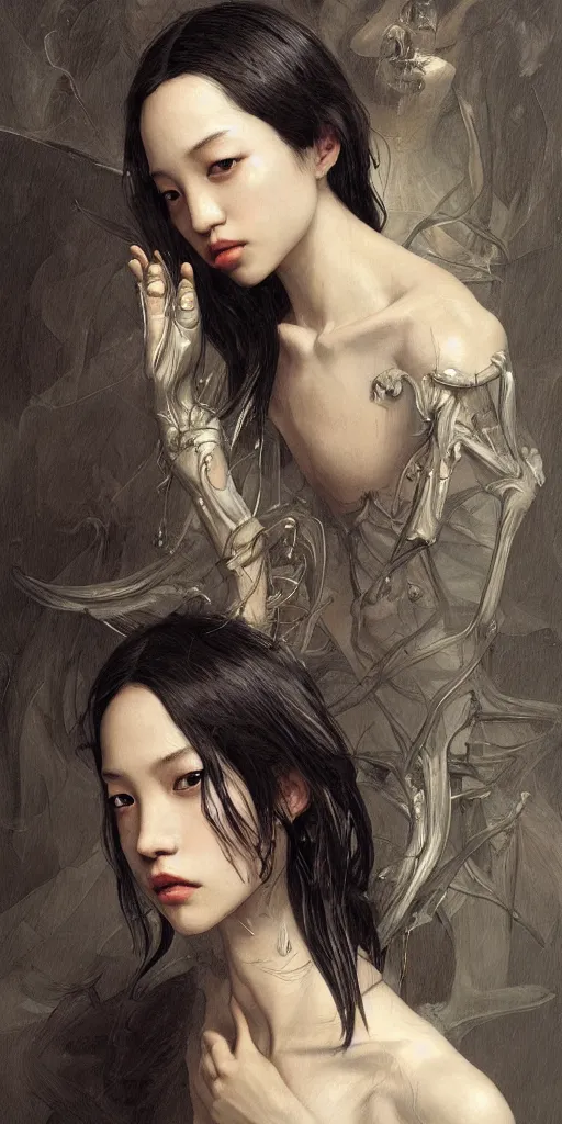 Prompt: Kiko Mizuhara, physically accurate, dramatic dynamic lighting, intricate, elegant, highly detailed, digital painting, artstation, very hyperrealistic, HR GIGER, Hieronymus Bosch, Francis Bacon, concept art, smooth, sharp focus, illustration, art by artgerm and greg rutkowski and alphonse mucha