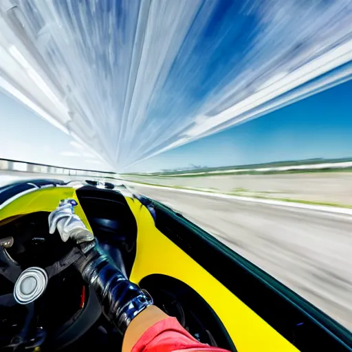 Image similar to POV shot of driving a scifi futuristic race car