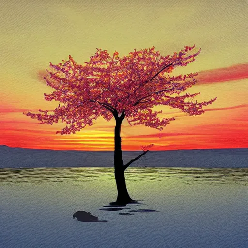 Image similar to birds on cherry tree, Changelingcore, serene, graceful, sunset photo at golden hour, Kodachrome, digital painting