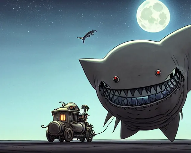 Image similar to a cell shaded cartoon grey lovecraftian mechanized shark from howl's moving castle ( 2 0 0 4 ), with a big head, on a desert road, wide shot, in front of a big moon, muted colors, post grunge, josan gonzales, wlop, by james jean, victor ngai, hq, deviantart, art by artgem