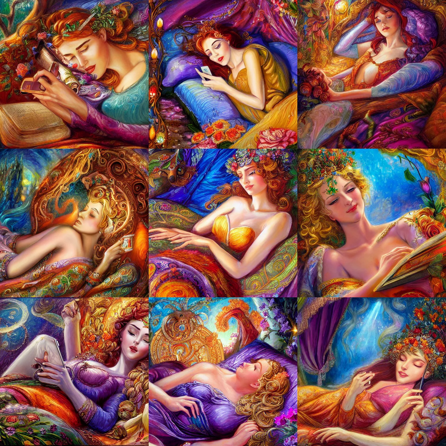 Prompt: nature goddess lying in bed doomscrolling on her phone by senior concept artist josephine wall, trending on artstation