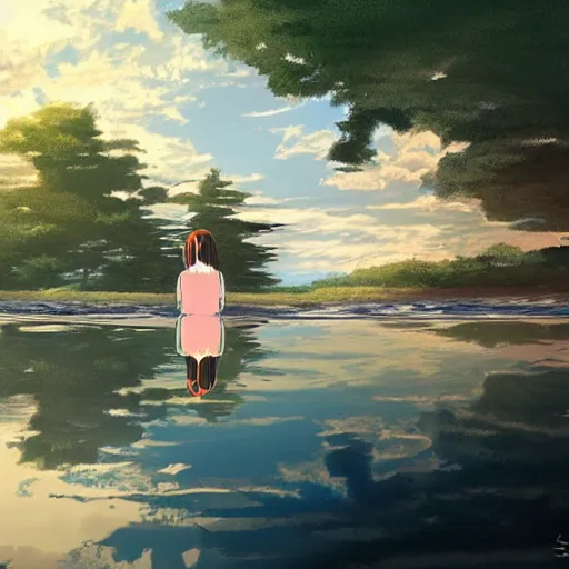 Prompt: digital anime art, girl sitting in the middle of a lake alone, in the reflection the girl is walking together with another girl by Makoto Shinkai.