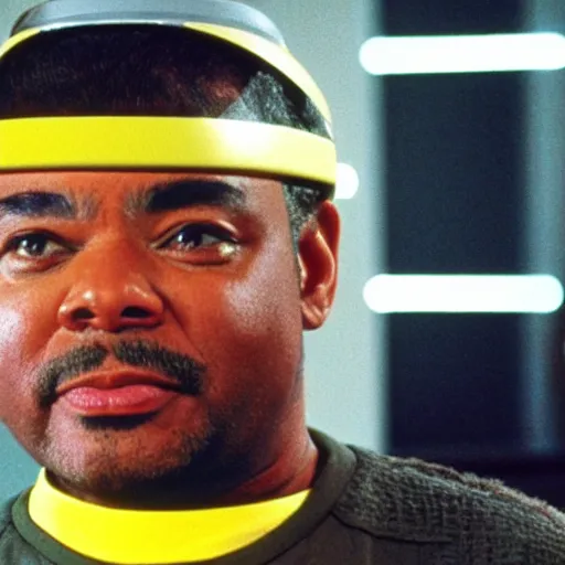 Image similar to Geordi La Forge wearing visor and a colander and random kitchen tools on his head