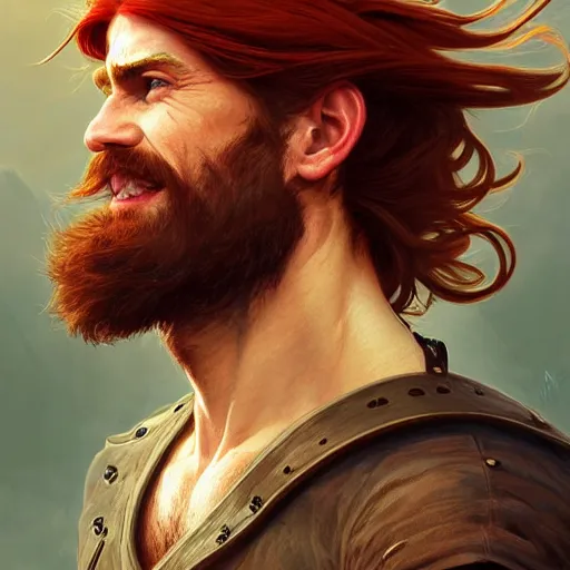 Image similar to portrait of a young ruggedly handsome but optimistic pirate, male, masculine, upper body, red hair, long hair, d & d, fantasy, intricate, elegant, highly detailed, digital painting, artstation, concept art, matte, sharp focus, illustration, art by artgerm and greg rutkowski and alphonse mucha