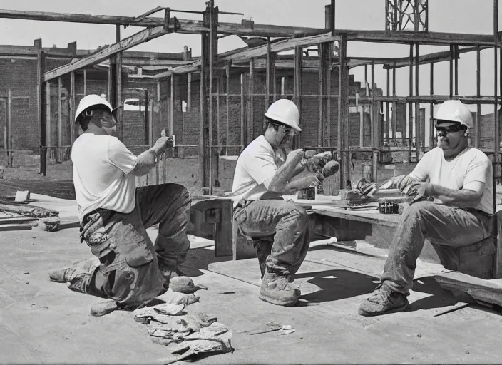 Image similar to construction workers enjoy their lunch break, art by thomas anshutz and paul cadmus and george quaintance