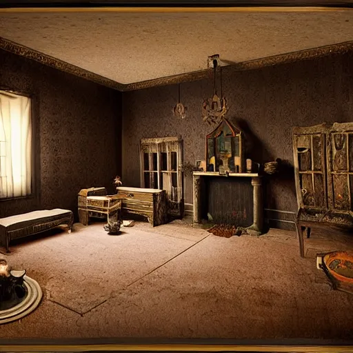 Prompt: room of a dark mansion, objects from ritual in the ground, realistic, highly detailed, the shining