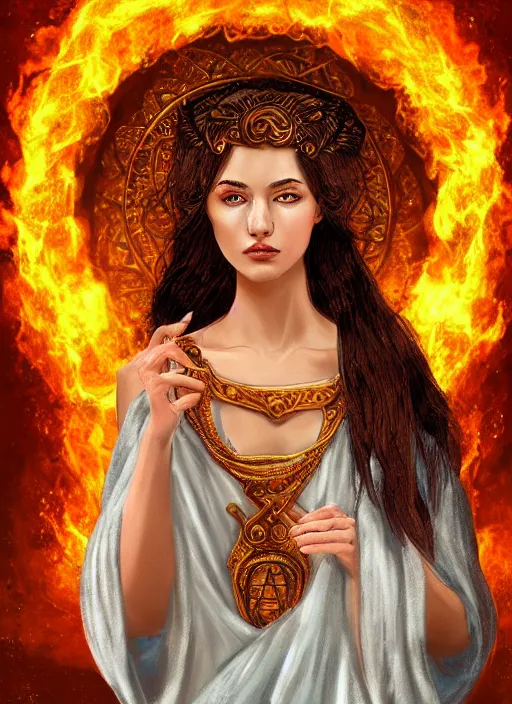 Prompt: Portrait of a beautiful priestess from the oracle of Delphi, looking into the flames, greek mythology, lecherous pose, in the style of Julia Ustinovich, digital art