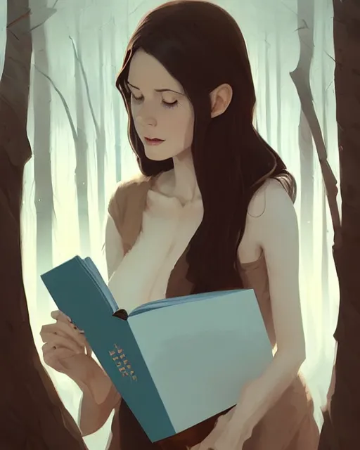 Image similar to hyper - realistic portrait of a woman with a magic book in the evil forest by atey ghailan, by greg rutkowski, by greg tocchini, by james gilleard, by joe fenton, by kaethe butcher, dynamic lighting, gradient light blue, brown, blonde cream and white color scheme, grunge aesthetic