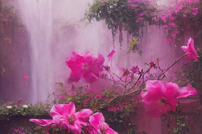 Prompt: pink dripping clematis with viscous pink liquid dripping at the end of each petal, by salvador dali and greg rutkowski and thomas kinkade, oil on canvas