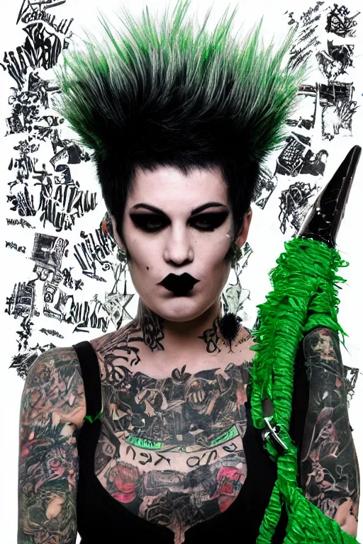 Image similar to upper body portrait punk woman with green mohawk, covered in goth style tattoos, wearing a bold tees shirt, fishnets and a long tartan skirt, intimidating, max details, hyperrealistic, photorealistic, ultra - realistic, ultra - detailed, cinematic, 8 k resolution by alan lee