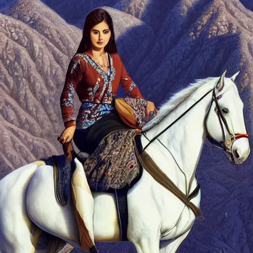 Prompt: a beautiful young kurdish woman riding a beautiful white horse in the kurdish mountains art by martin ansin, highly detailed, 8 k, high resolution, award winning art, incredibly intricate, beautiful and symmetrical face