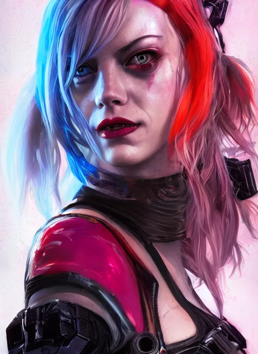 Image similar to cyberpunk portrait of emma stone as harley quinn, hyper detailed, digital art, trending in artstation, cinematic lighting, studio quality, smooth render, unreal engine 5 rendered, octane rendered, art style by klimt and nixeu and ian sprigger and wlop and krenz cushart.