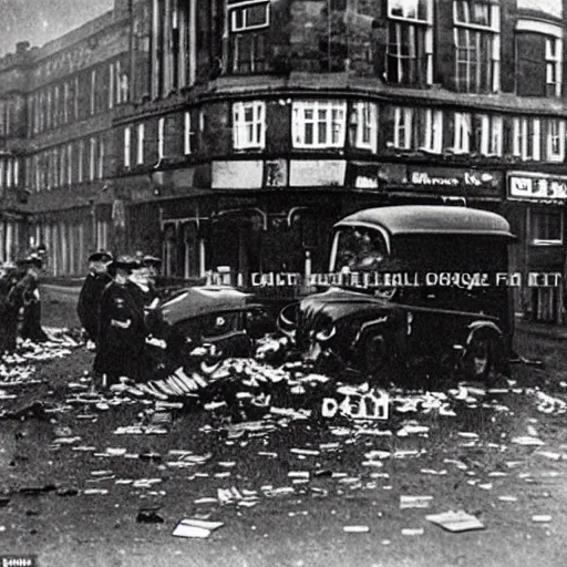 Image similar to there is a lesson for australia in the air raids in scotland last week. apparently through official bungling, no air - raid warning was given in edinburgh, although machine gun bullets and pieces of shrapnel were falling in the streets, 1 9 3 9 photo
