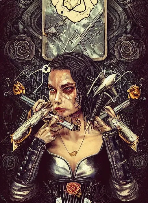 Image similar to tarot card :: horror :: hearts and roses :: aliens and sea :: cigarettes and smoke :: gold and silver :: guns and swords :: highly details :: intricate details :: Sandra Chevrier and bastien lecouffe deharme