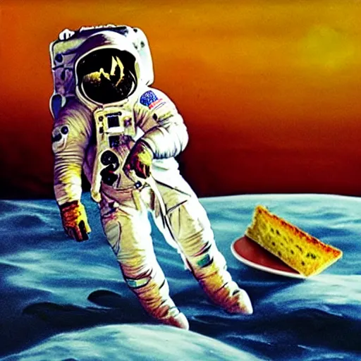 Image similar to An astronaut on the moon without his helmet eating garlic bread with knife and fork on top of a red table and earth in the background,oil painting