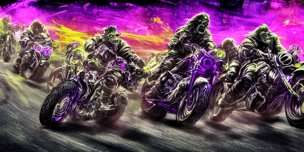 Image similar to psychedelic blacklight airbrush artwork, motorcycles, hyper stylized action shot of orc bikers racing on motorcycles, menacing orcs, drifting, skidding, wheelie, clear focused details, soft airbrushed artwork, black background, post - apocalypse, cgsociety, artstation