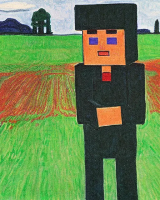 Image similar to minecraft creeper standing in a field by edvard munch