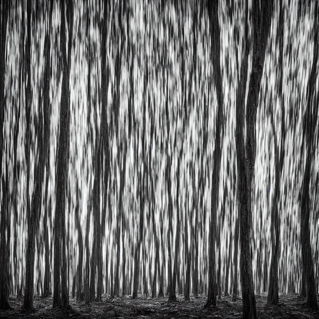 Image similar to a close up long exposure photograph of eucalyptus trees moving by a strong wind, back light, sony ar 7 ii, photographed by trent parke